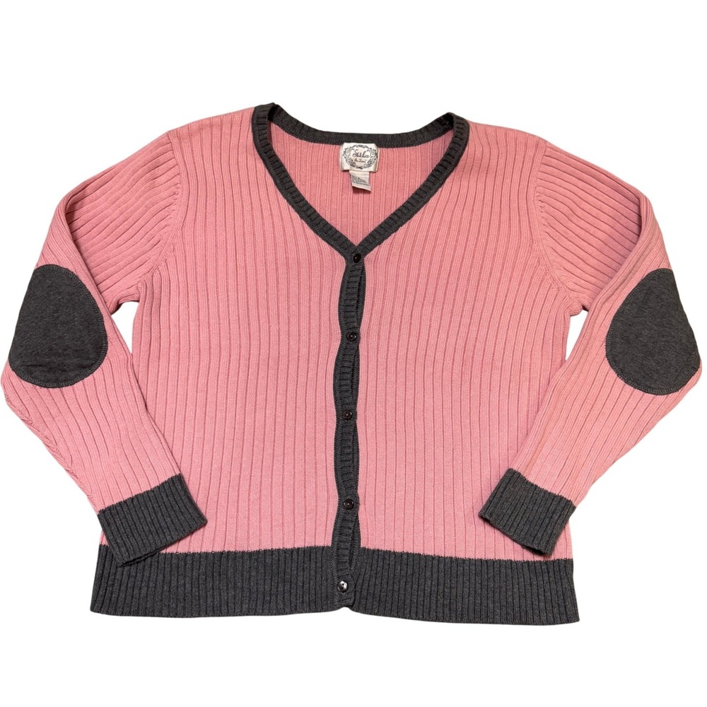 Stitches in Time Pink Ribbed Cardigan Sweater Elbow Patches Gray Trim Lrg Cotton